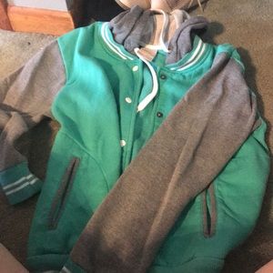Grey and teal letter jacket.